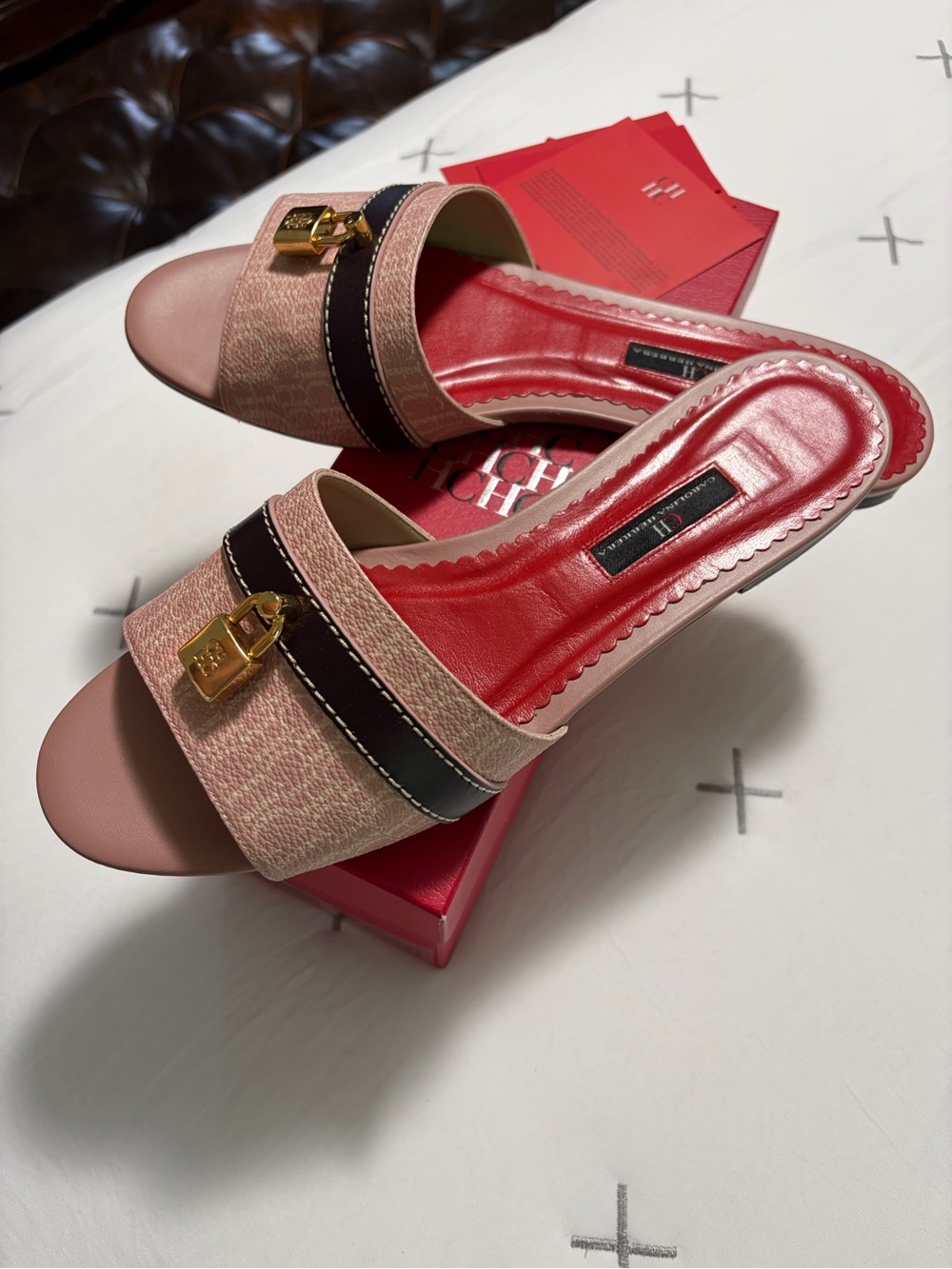 Carolina Herrera Pink Slide Sandals with Gold Lock